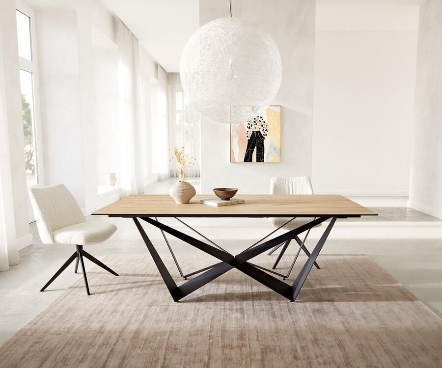 DELIFE Eetkamertafel Edge keramiek Laminam Sabbia eiken kleur 200x100 spider vlak staal zwart