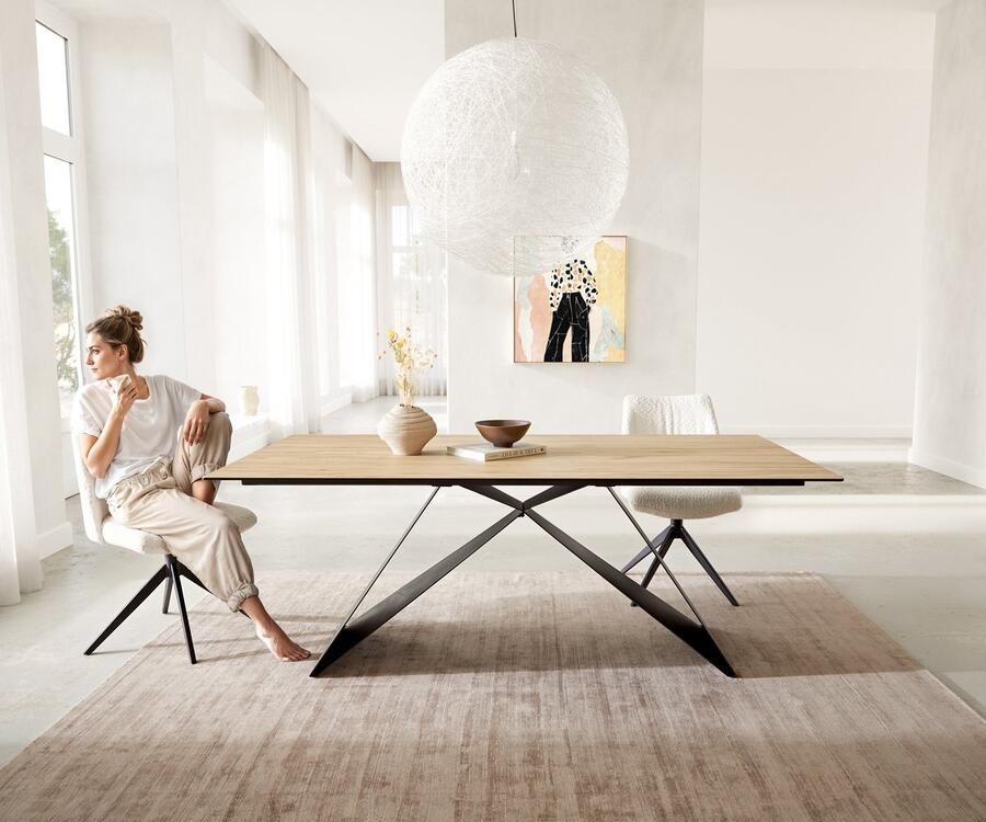 DELIFE Eetkamertafel Edge keramiek Laminam Sabbia eiken kleur 200x100 V-frame vlak staal zwart