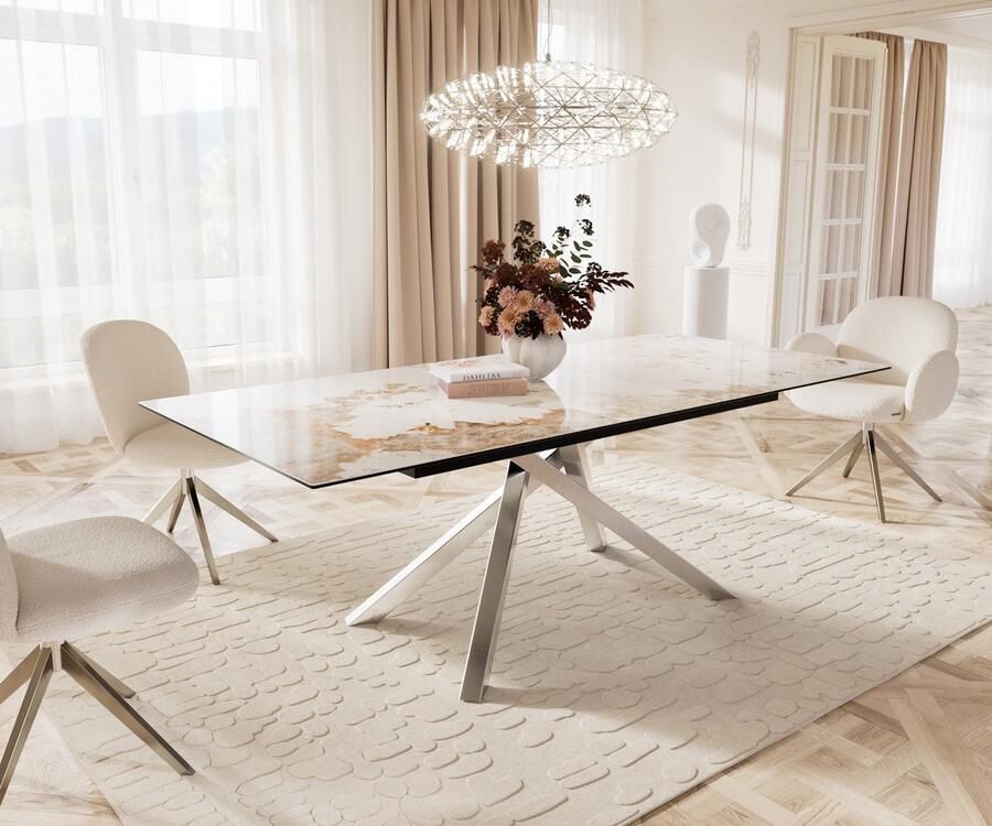 DELIFE Eetkamertafel Edge keramiek Minas Melange wit-beige 180-220x100 kruisframe rechthoek RVS uitschuifbaar