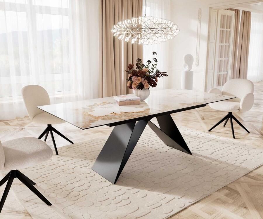 DELIFE Eetkamertafel Edge keramiek Minas Melange wit-beige 180-220x100 V-frame vlak staal zwart uitschuifbaar