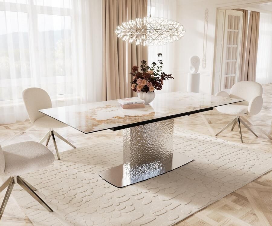 DELIFE Eetkamertafel Edge keramiek Minas Melange wit-beige 180-220x100 Wave RVS uitschuifbaar