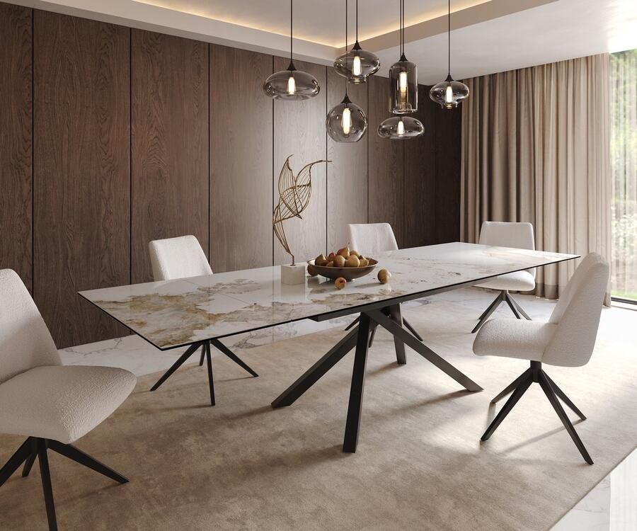 DELIFE Eetkamertafel Edge keramiek Minas Melange wit-beige 200-300x100 kruisframe rechthoek zwart uitschuifbaar