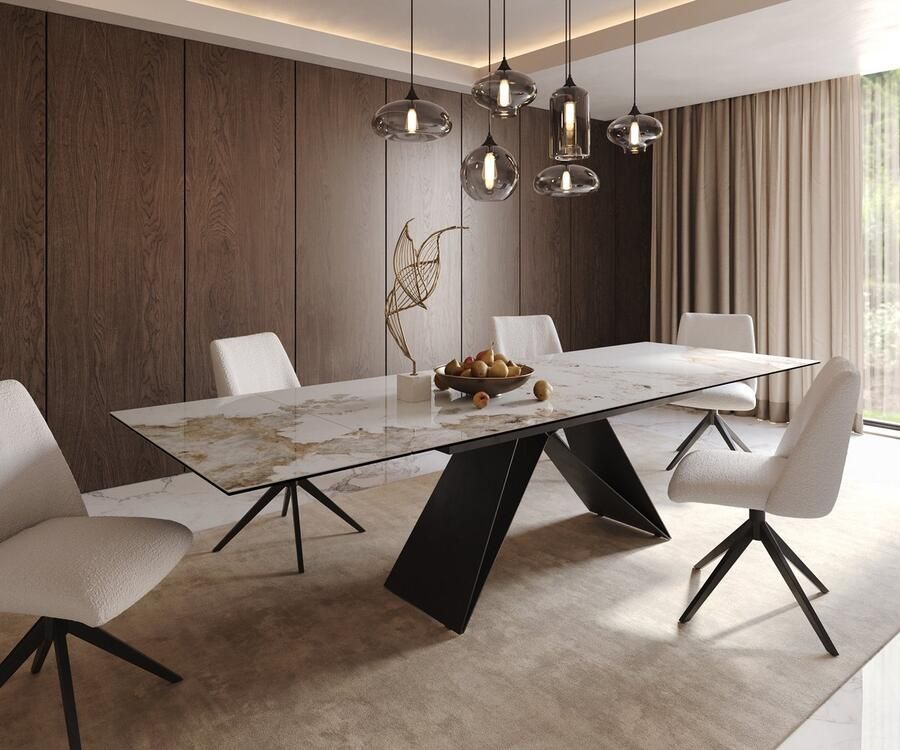 DELIFE Eetkamertafel Edge keramiek Minas Melange wit-beige 200-300x100 V-frame vlak staal zwart uitschuifbaar