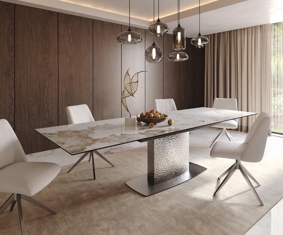 DELIFE Eetkamertafel Edge keramiek Minas Melange wit-beige 200-300x100 Wave RVS uitschuifbaar