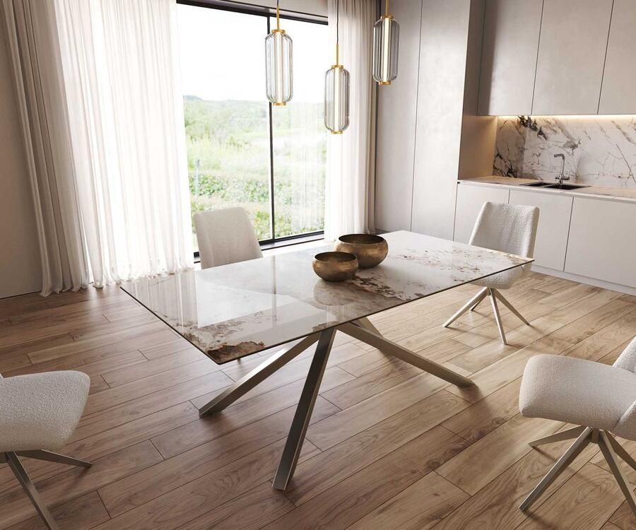 DELIFE Eetkamertafel Edge keramiek Minas Melange wit-beige 200x100 kruisframe rechthoek RVS