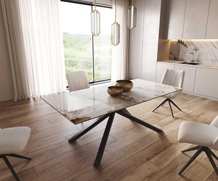 DELIFE Eetkamertafel Edge keramiek Minas Melange wit-beige 200x100 kruisframe rechthoek zwart