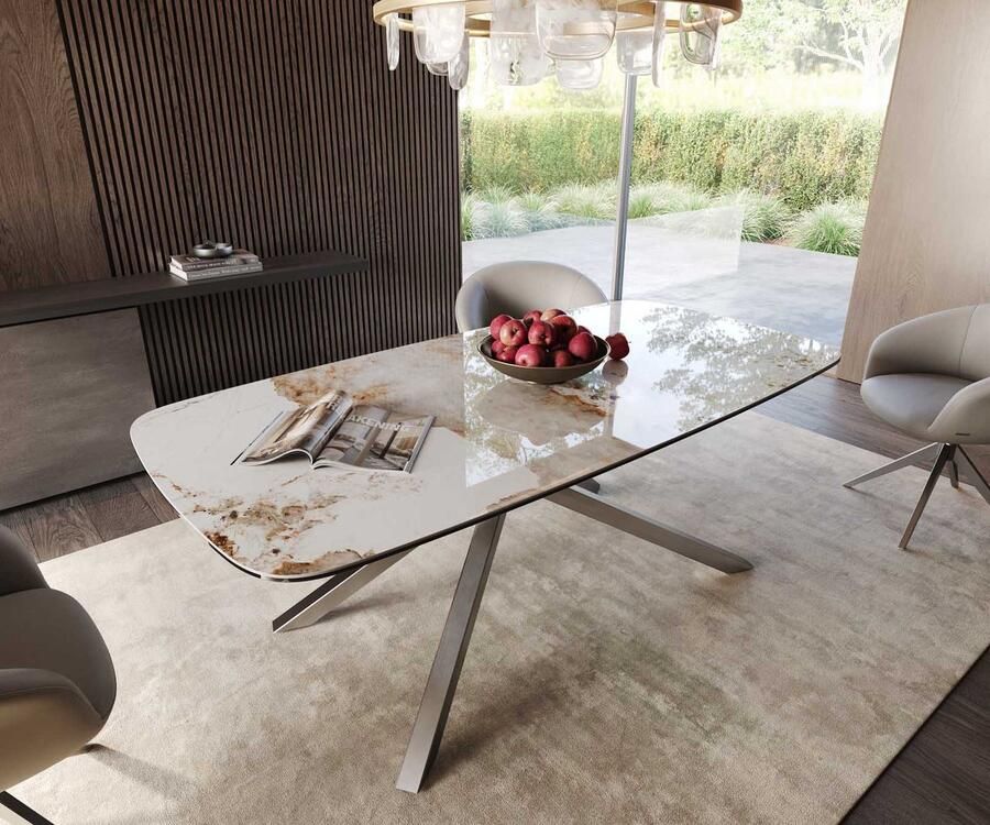 DELIFE Eetkamertafel Edge wit-beige Boot keramiek Minas Melange 200x100 kruisframe rechthoek RVS