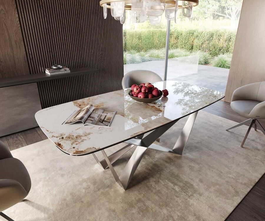 DELIFE Eetkamertafel Edge wit-beige Boot keramiek Minas Melange 200x100 spider vlak staal RVS