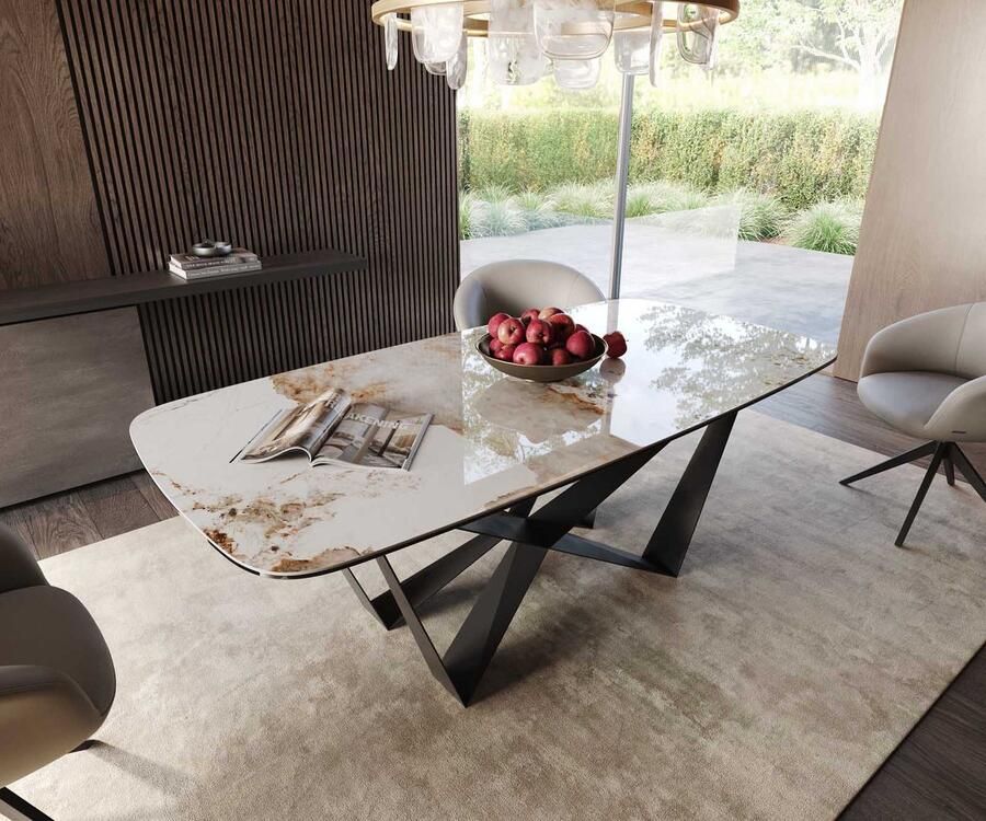 DELIFE Eetkamertafel Edge wit-beige Boot keramiek Minas Melange 200x100 spider vlak staal zwart