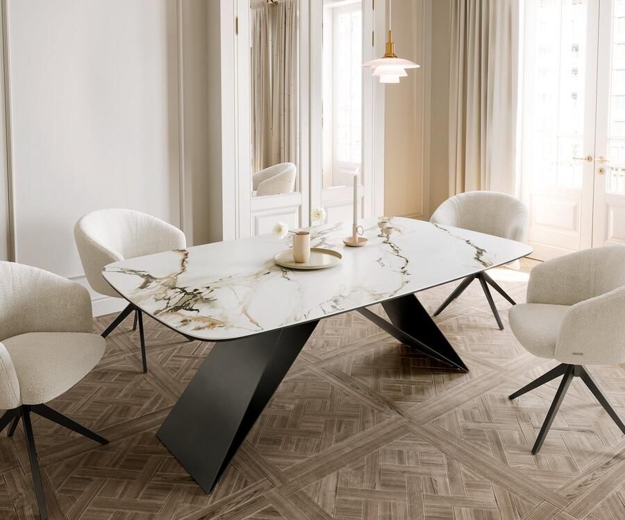 DELIFE Eetkamertafel Edge wit-goud-grijs Boot keramiek Calacatta Luxe 200x100 V-frame vlak staal zwart - Foto 2