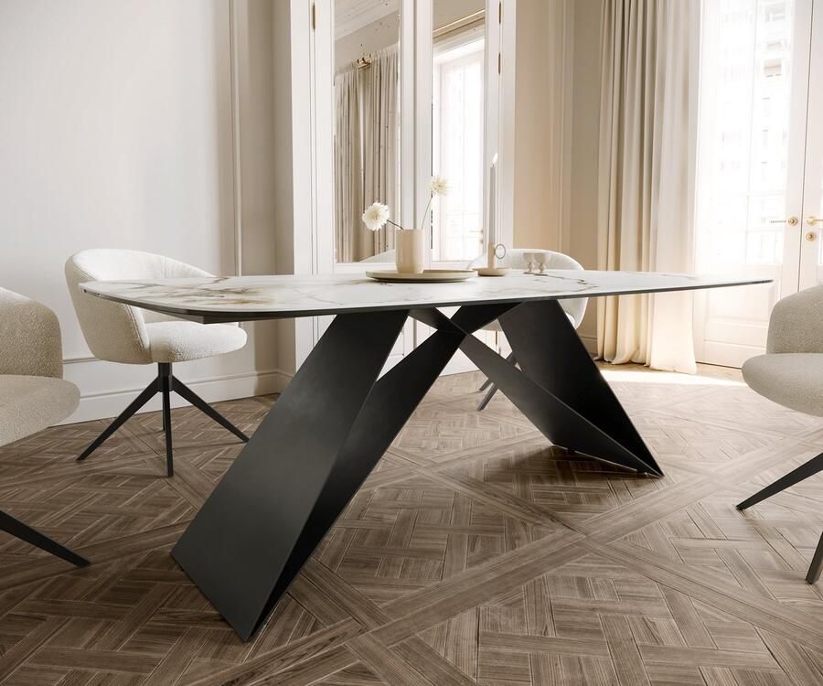 DELIFE Eetkamertafel Edge wit-goud-grijs Boot keramiek Calacatta Luxe 200x100 V-frame vlak staal zwart - Foto 2