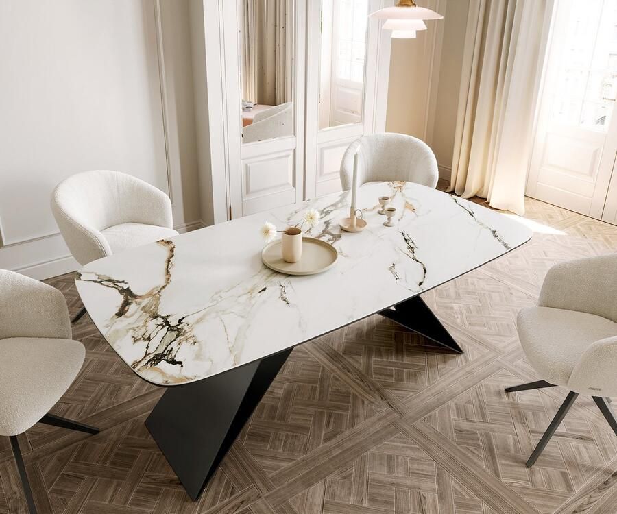 DELIFE Eetkamertafel Edge wit-goud-grijs Boot keramiek Calacatta Luxe 200x100 V-frame vlak staal zwart - Foto 3