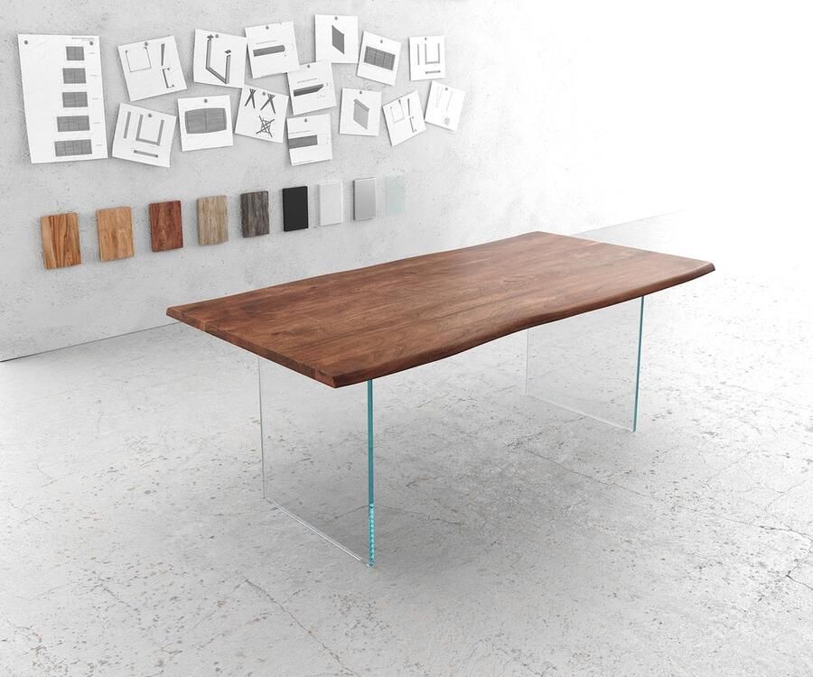 DELIFE Massief houten tafel Live-Edge Acacia bruin 200x100 bovenblad 3 5 cm glazen poten boomtafel