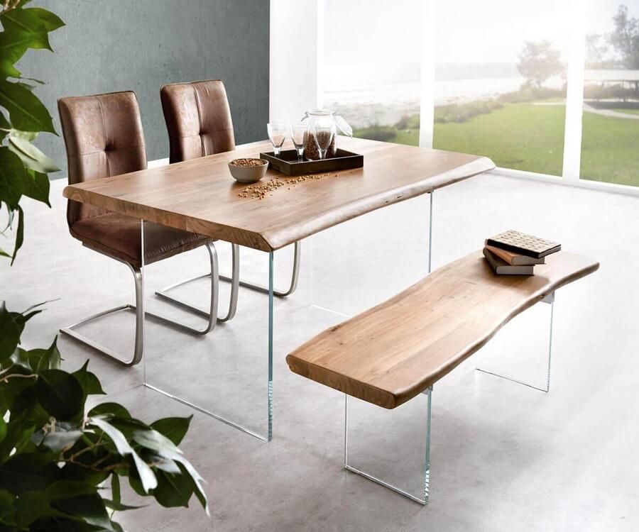 DELIFE Massief houten tafel Live-Edge acacia natuur 140x90 bovenblad 5 cm glazen poten boomtafel
