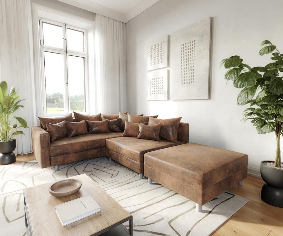 DELIFE Hoekbank Clovis Bruine antieke look met hocker en armleuning Ottomane links Hoekbank