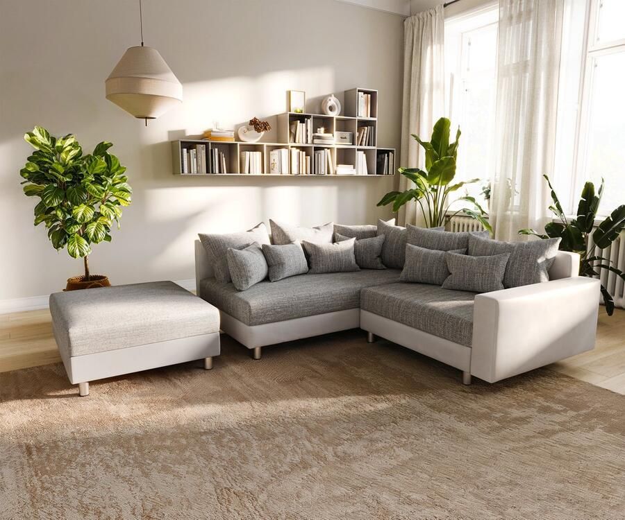 DELIFE Hoekbank Clovis wit licht grijze hocker armleuning attomane links hoekbank modulair