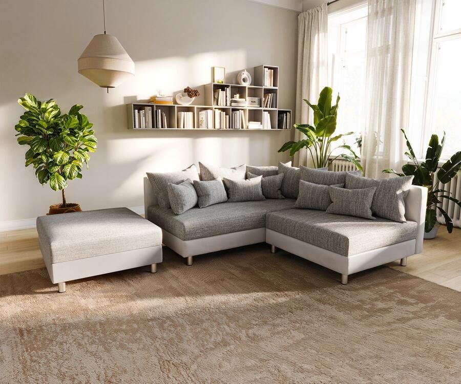 DELIFE Hoekbank Clovis wit Lichtgrijs met hocker ottomane Links hoek-bank modulair
