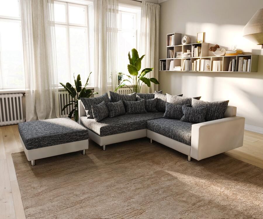 DELIFE Hoekbank Clovis wit zwart met armleuning en hocker ottomane links Module-bank