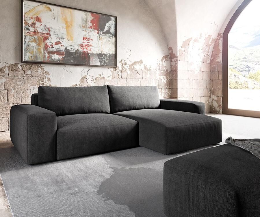 DELIFE Hoekbank Lanzo XL microvezel zwart 270x180 cm recamiere variabel met hocker