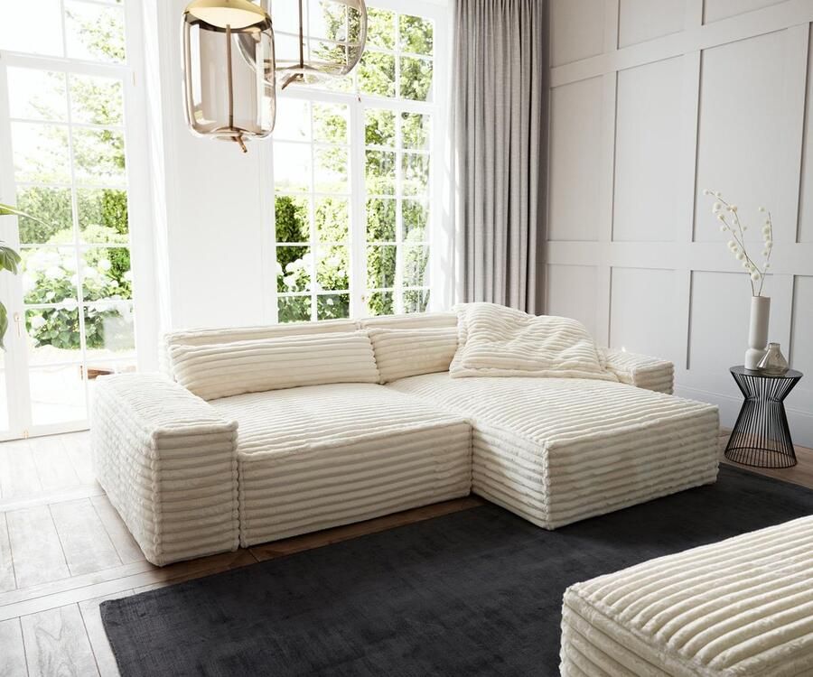 DELIFE Hoekbank Sirpio XL 270x170 cm Pluche Koord Beige Recamiere Variabel met Kruk