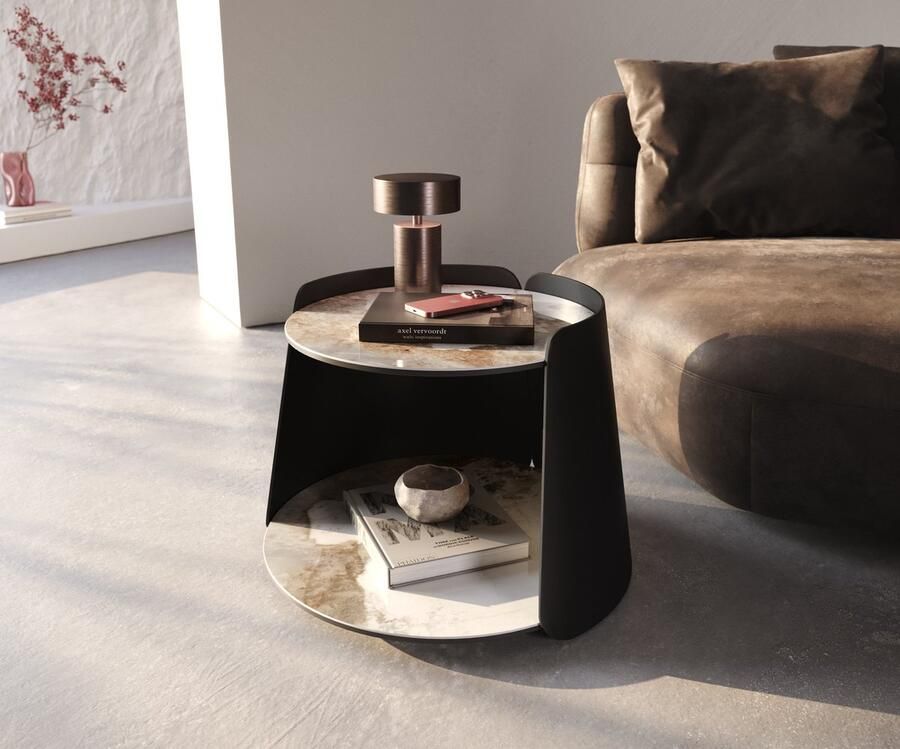 DELIFE Salontafel Daban Keramiek Minas Melange wit-beige 59x59 cm Metalen onderstel titaankleurig