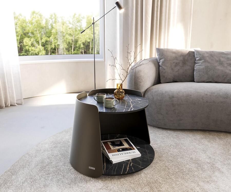 DELIFE Salontafel Daban Keramisch Laminam Noir Desir bruin 59x59 cm Metalen onderstel titaniumkleurig