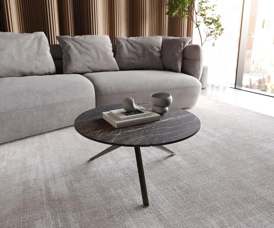 DELIFE Salontafel Delron Keramiek Laminam Noir Desir Bruin 70x70 cm Kruisvoet vlak metaaleffect Titanium