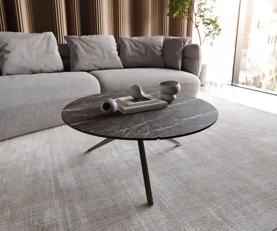 DELIFE Salontafel Delron Keramiek Laminam Noir Desir bruin 90x90 cm Kruisvoet vlak metaal effect afwerking titanium