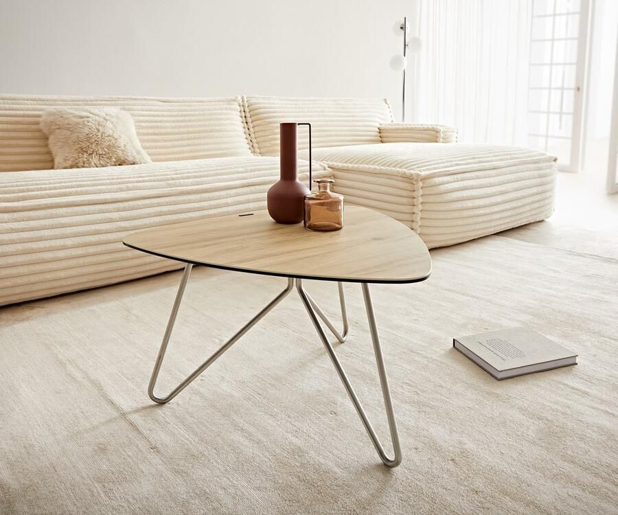 DELIFE Salontafel Ekrem Keramisch Laminam Sabbia Eik gekleurd 65x65 cm kruispoot rond Roestvrij staal