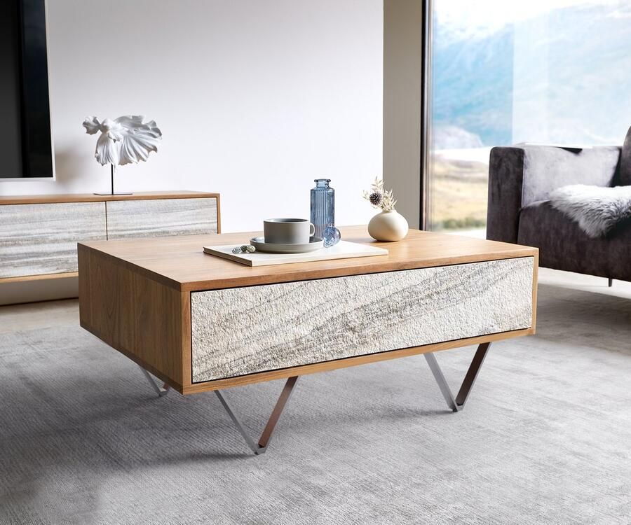 DELIFE Salontafel Kleo acacia natuur 80x60 cm 2 laden V-poot roestvrij staal salontafel