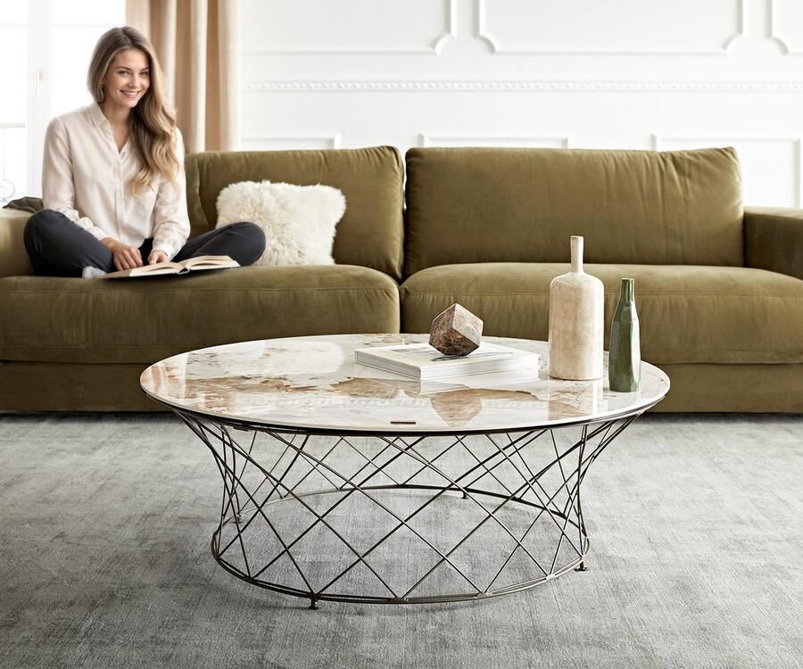 DELIFE Salontafel Lassina keramiek Minas Melange wit-beige 100x100 cm frame metaal effect afwerking titanium