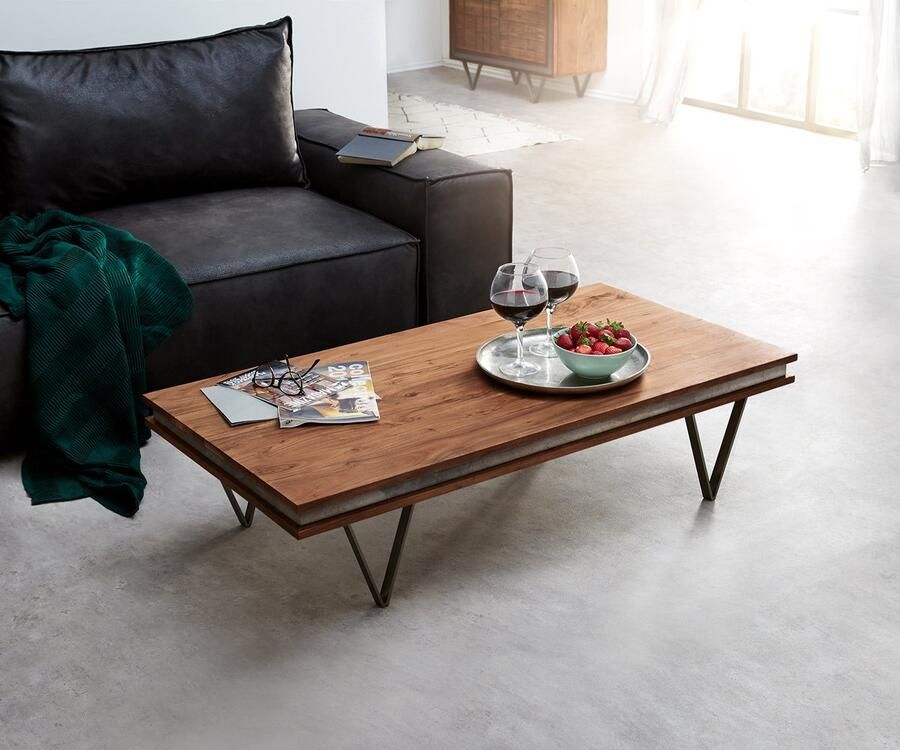 DELIFE Salontafel Stonegrace acacia bruin leisteen 117x60 cm V-poot zwarte Salontafel