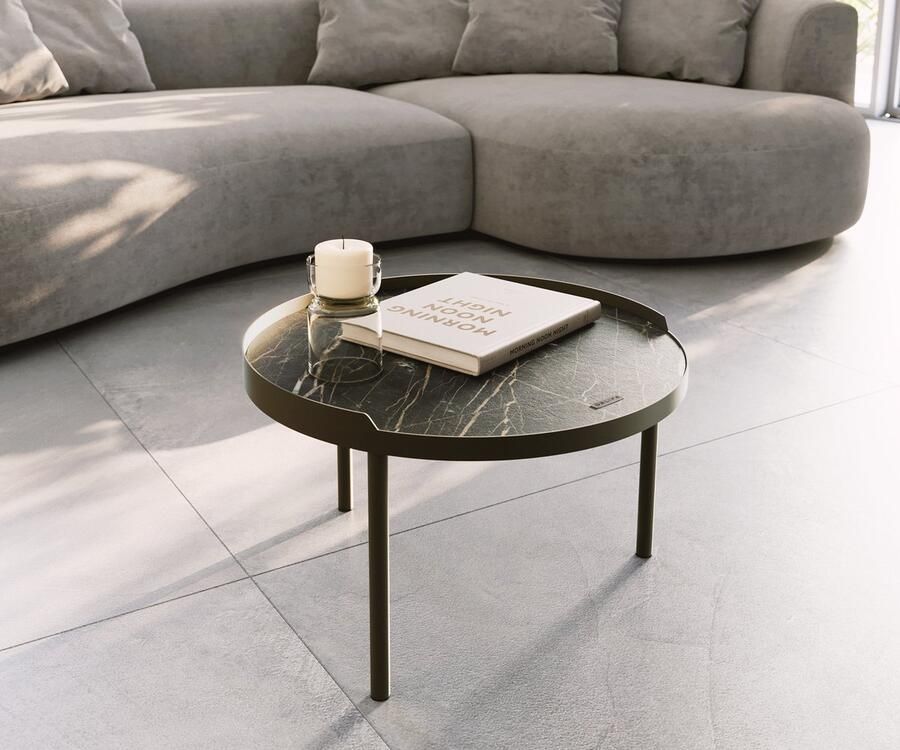 DELIFE Salontafel Torell Keramiek Laminam Noir Desir bruin 50x50 cm Metalen onderstel Effectafwerking Titanium