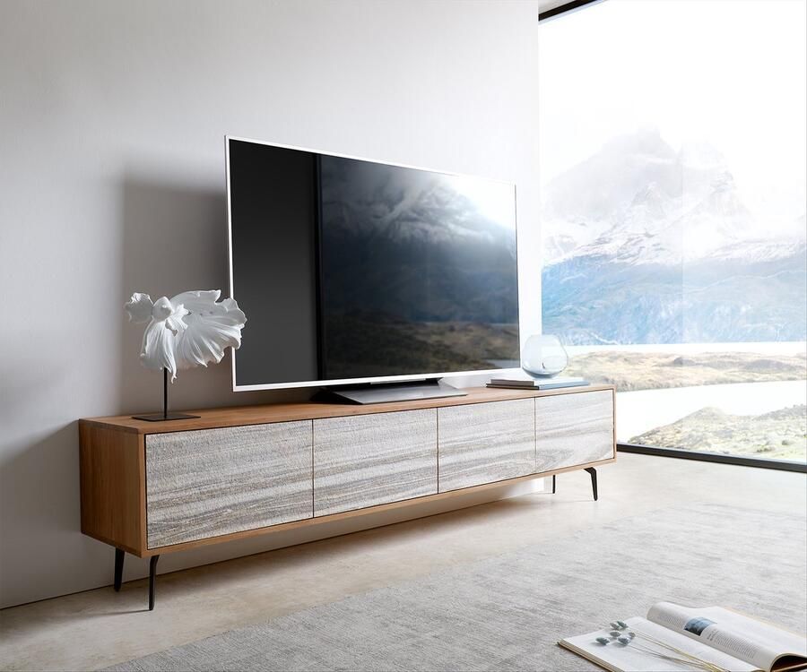 DELIFE Tv-meubel Kleo acacia natuur 220 cm 4 deurs hoekpoot metaal zwart Lowboard