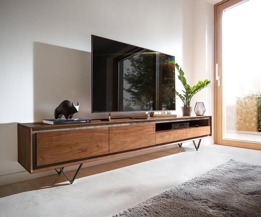 DELIFE Tv-meubel Stonegrace acacia bruin steenfineer 240 cm 2 deuren 2 laden 1 legplank V-poot zwart Tv-meubel