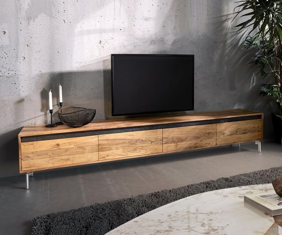 DELIFE TV-meubel Stonegrace Acacia Natuur 240 cm 4 Deuren Voet Ovaal Roestvrij Staal Lowboard