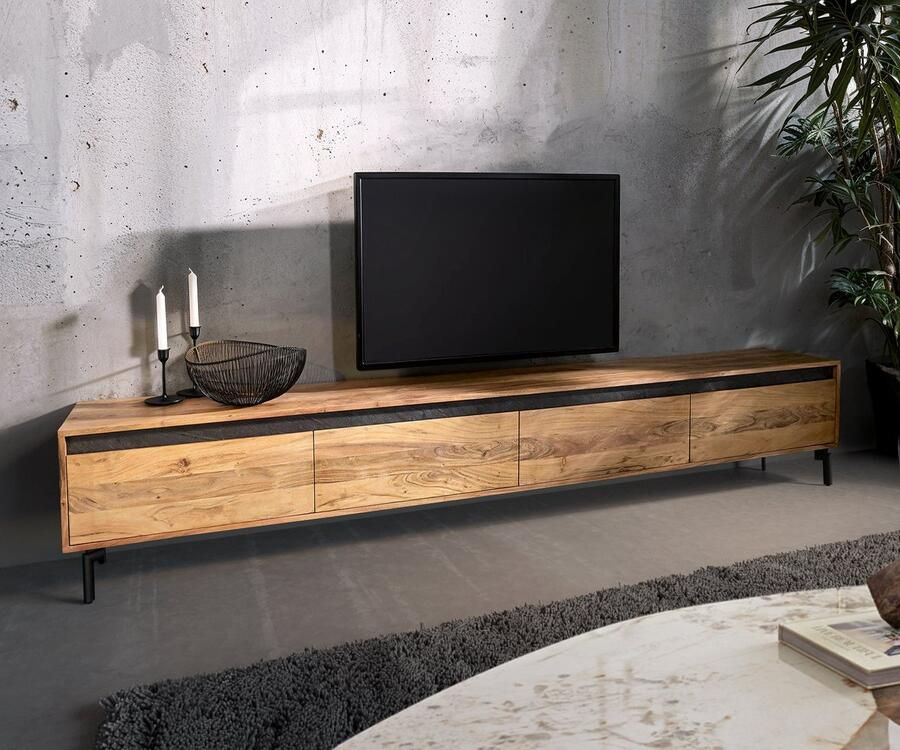 DELIFE TV-meubel Stonegrace naturel acacia 240 cm 4 deuren voet ovaal metaal zwart lowboard