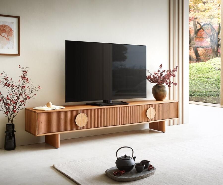 DELIFE Tv-meubel Surimu 200 cm acacia lichtbruin 4 deuren kurkgreep houten poten