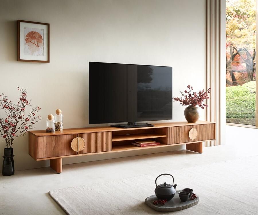 DELIFE Tv-meubel Surimu 240 cm acacia lichtbruin 4 deuren 2 vakken kurk handvat houten poten