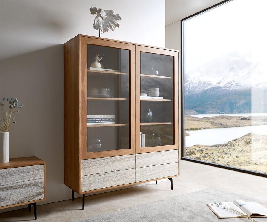 DELIFE Vitrinekast Kleo acacia natuur 115x150 cm 2 deuren 4 laden hoekonderstel metaal zwart