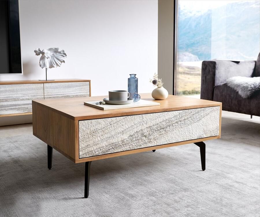 DELIFE Woonkamertafel Kleo acacia natuur 80x60 cm 2 schuiven salontafel