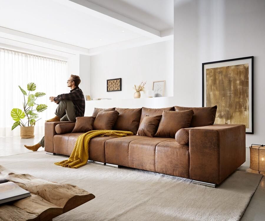 DELIFE XXL-Bank Marbeya bruin 285x115 cm antiek look met kussen Bigsofa