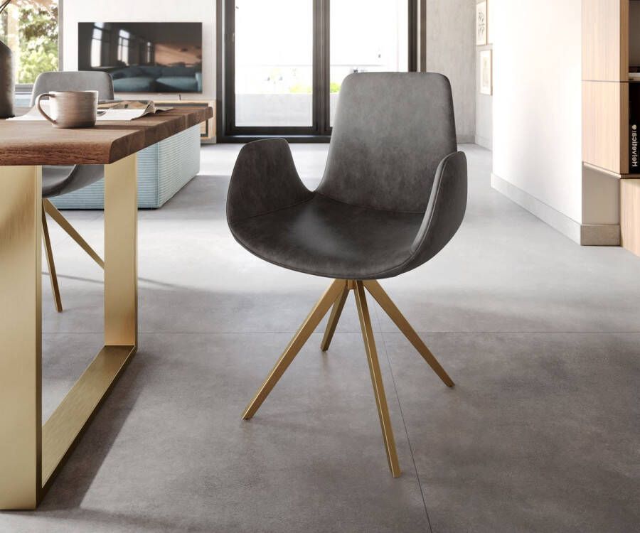 DELIFE Eetkamerstoel Ilia-Flex met armleuning kruisframe hoekig goud microvelours antraciet vintage 180° draaibaar