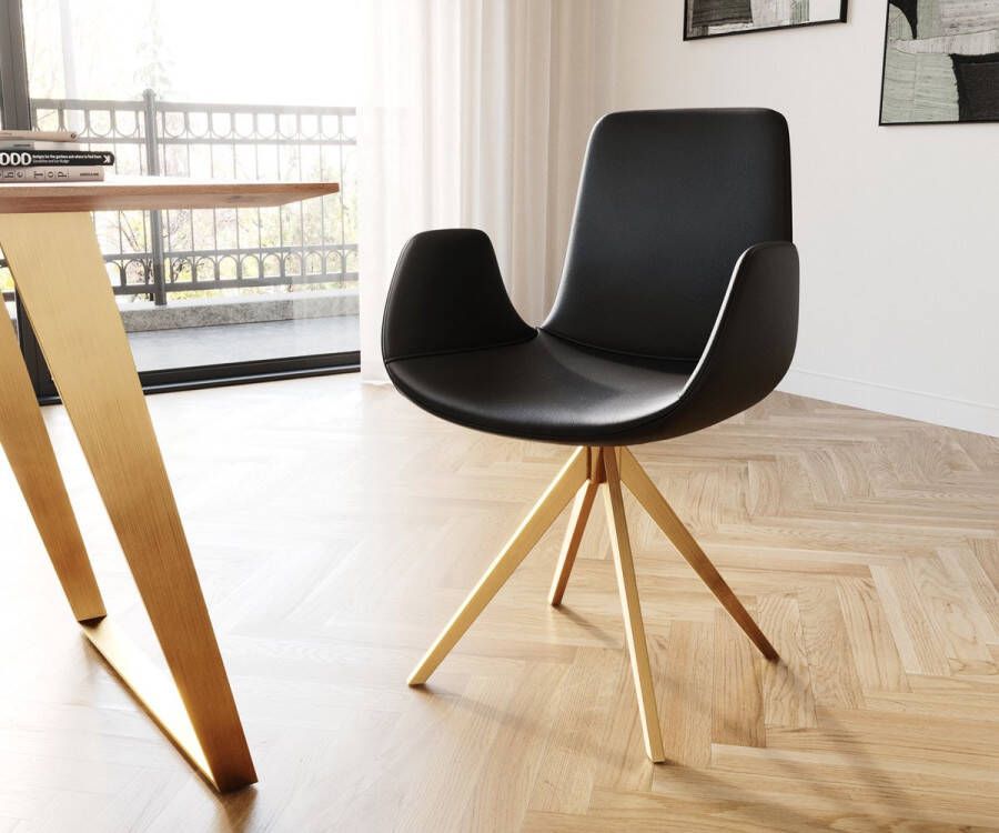 DELIFE Eetkamerstoel Ilia-Flex met armleuning kruisframe hoekig goud echt leer zwart 180° draaibaar