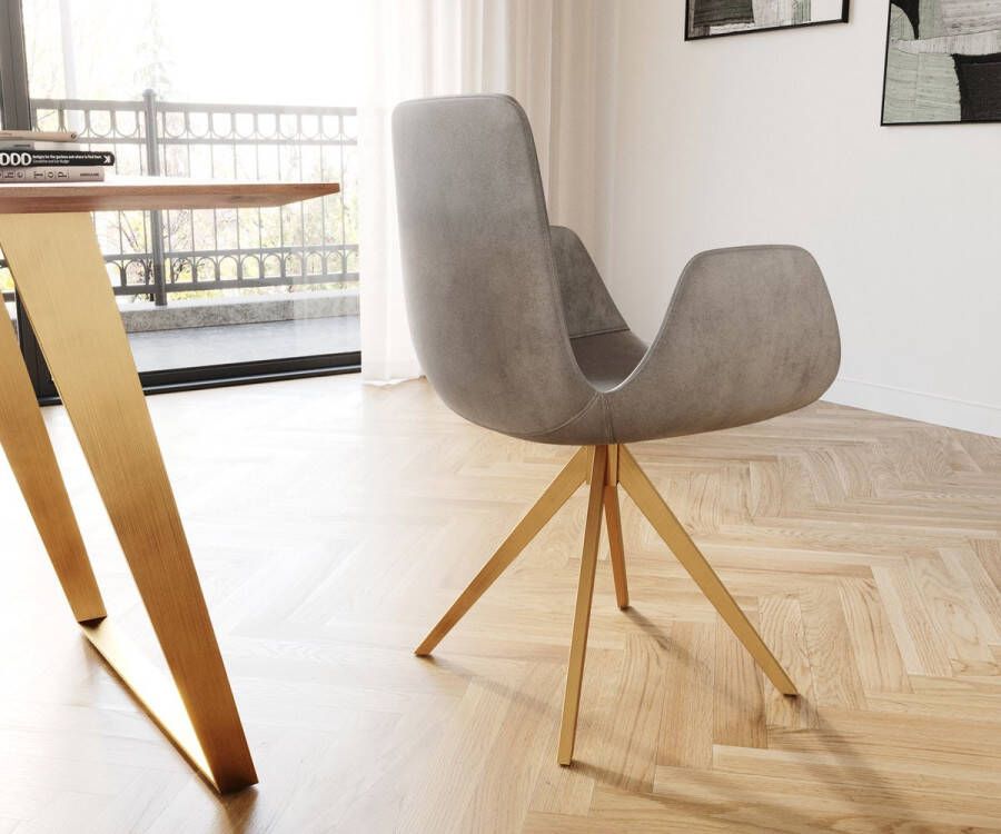 DELIFE Eetkamerstoel Ilia-Flex met armleuning kruisframe hoekig goud fluweel grijs 180° draaibaar