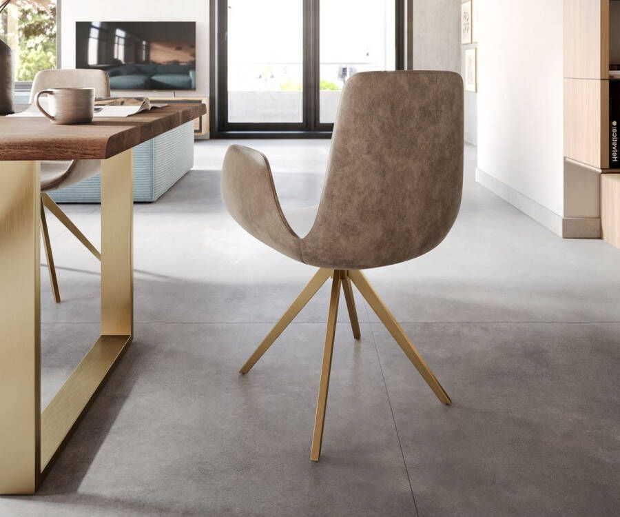 DELIFE Eetkamerstoel Ilia-Flex met armleuning kruisframe hoekig goud microvelours taupe vintage 180° draaibaar - Foto 3