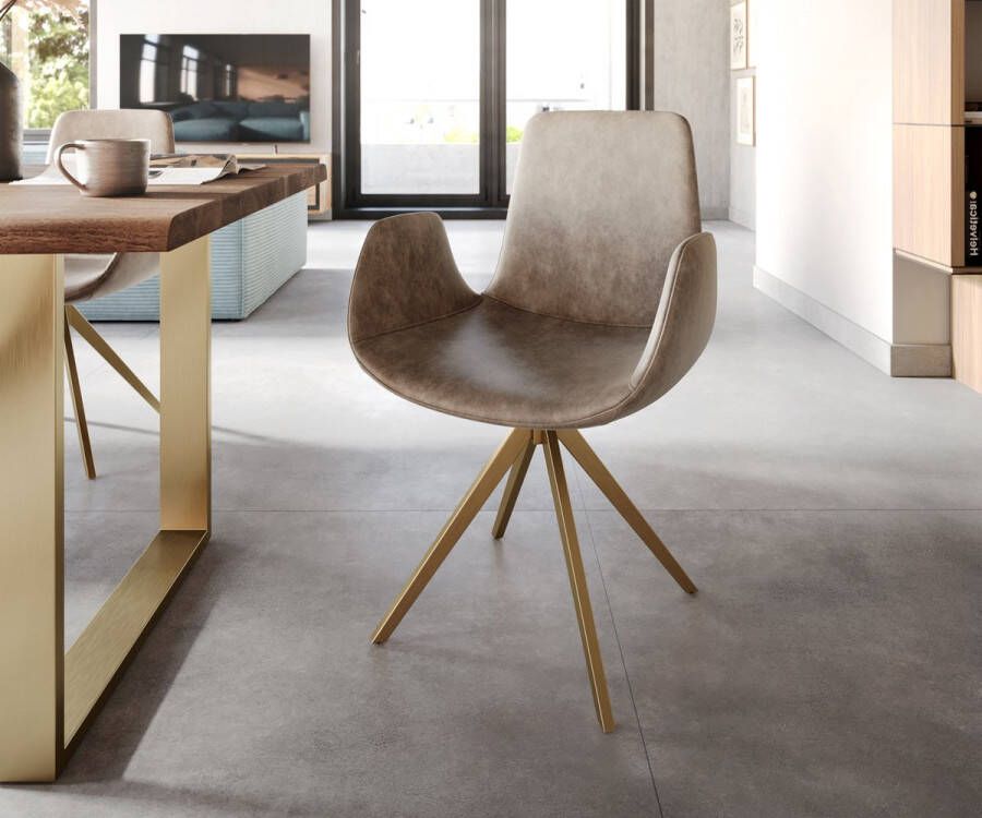 DELIFE Eetkamerstoel Ilia-Flex met armleuning kruisframe hoekig goud microvelours taupe vintage 180° draaibaar