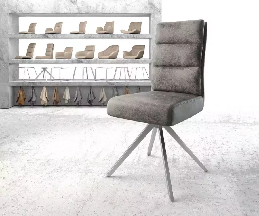 DELIFE Gestoffeerde-stoel Pela-Flex kruisframe hoekig roestvrij staal microvelours grijs antiek pocketveer kern