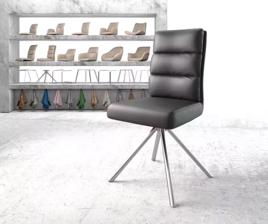 DELIFE Draaistoel Pela-Flex kruisframe rond roestvrij staal echt leer zwart 180° draaibaar