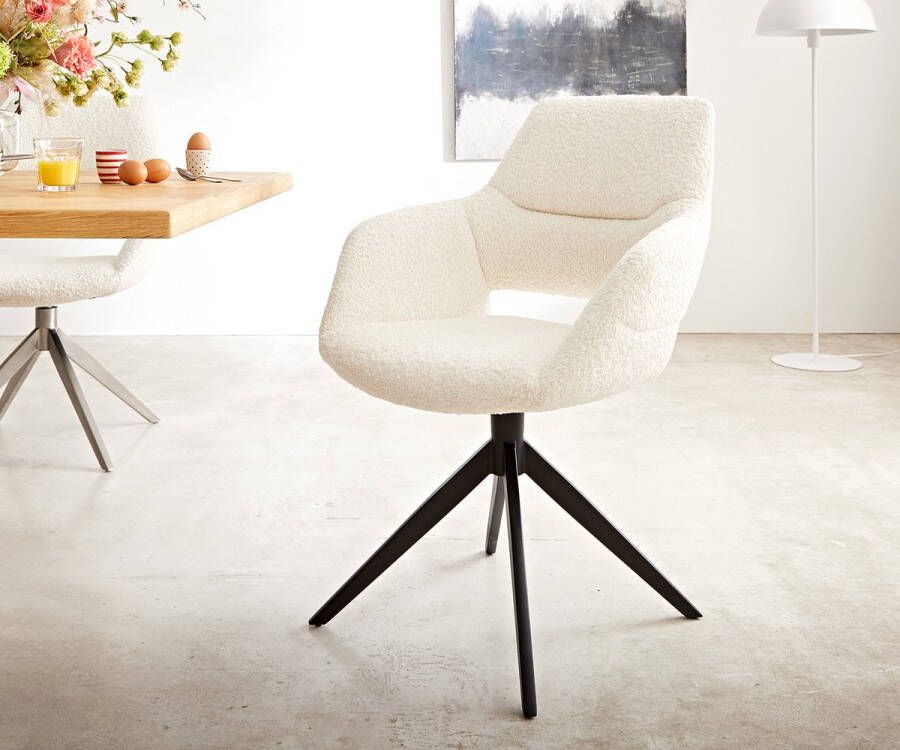 DELIFE Eetkamerstoel Yago-Flex met armleuning kruisframe breed zwart bouclé wit 360° draaibaar pocketveer kern